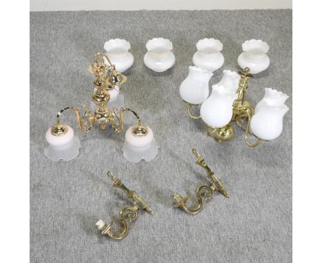 A gold plated ceiling light, together with a brass ceiling light and glass shades, 42cm diameter 