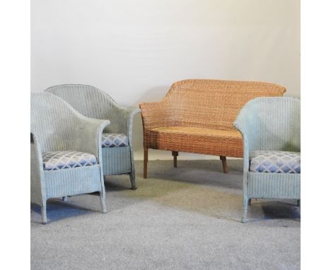 A wicker sofa, 115cm, together with three blue painted wicker chairs