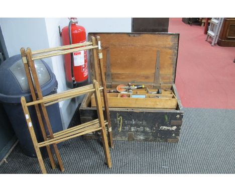 Woodworkers Tools, including Stanley drills, Spear &amp; Jackson saw, spanners, chisels etc, in iron bound tool trunk.