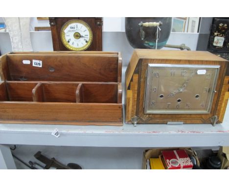 Norland Art Deco Westminster Chimes Mantel Clock; Zimbabwean teak stationary stand, 41cm wide. (2)