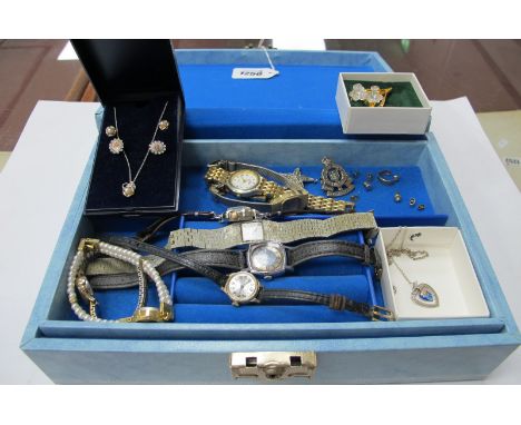 Swarovski Brooch, ladies watched including - Tasa digital. Ingersoll, Newtime, Sekonda; Army Ordnance badge, 9ct gold earring