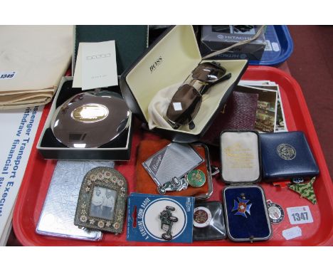 Postcards, silver and enamel medal, badges, sunglasses, Dalvey flask, mosaic photo frame, etc:- One Tray