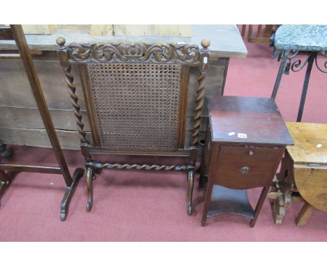 An Early XX Century Mahogany Folding Cake Stand, oak barley twist fire screen having bergeres panel. (2)