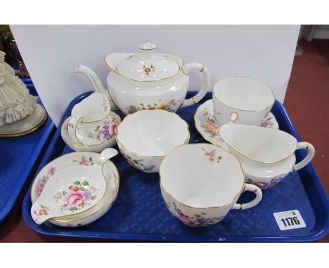 Royal Crown Derby 'Derby Posies' Teapot, (cracked), eight other pieces:- One Tray.