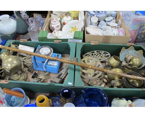 Brass Kettle, trivets, bowls etc, Bardic automatic charger lamp, alarm clocks, shepherds crook:- Two Boxes.