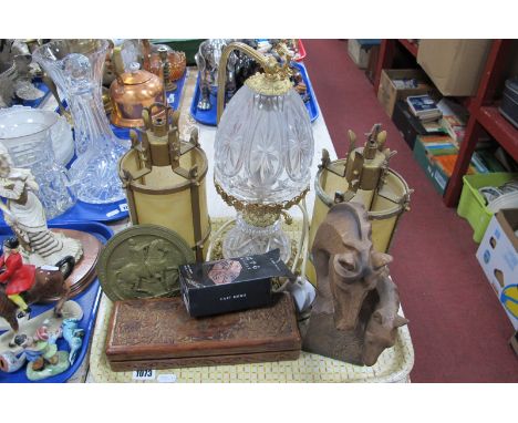 Glass and Gilt Table Lamp, two ceiling lights, Leonardo equestrian figure, etc:- One Tray