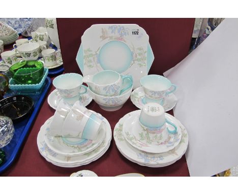 Shelley China Tea Service, circa 1930's, 'S13134', nineteen pieces, the plates with turquoise centre panels, naturalistic and