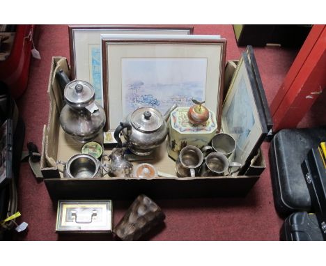 Lloyd, Payne &amp; Amiel Four Piece Plated Tea Service, Dixon's tankards, tins, prints, etc:- One Box