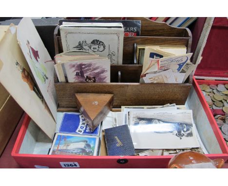 An Early XX Century Oak Stationary Rack, AGK Dickension water colours, postcards, playing cards, etc.
