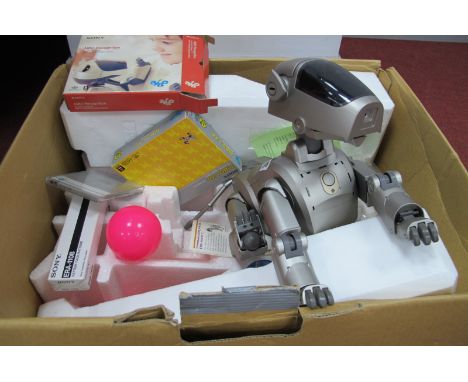 SonyAibo Life ER9 - 110/111 Entertainment Robot, in grey with beagle like appearance circa 1999, with accessories and transpo