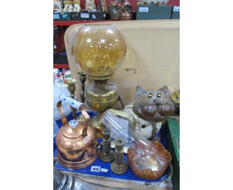 Brass Oil Lamp, candlesticks, novelty cat lamp, etc:- One Tray