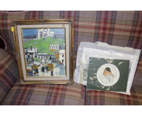 A fox cartoon, signed by Channel 4 racing presenters; a watercolour; and an oil on board abstract