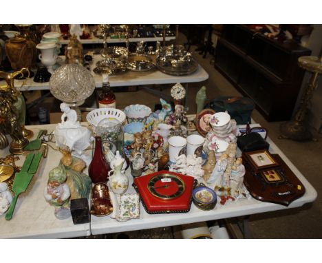 A large quantity of various decorative china to include a cut glass table lamp, donkeys, wall clock, wall plaque of Madonna a
