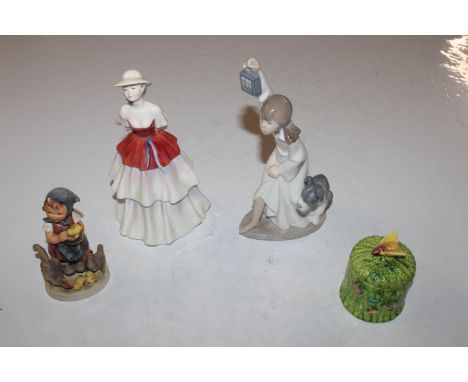 A honey pot, a Goebel figure, a Royal Doulton figure "Eliza" HN3179, and a Nao figure 