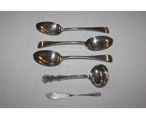 Three silver spoons and a butter knife, total weighable silver approx. 305gms