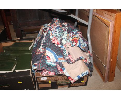 A box containing a pair of interlined boxed pleat and braid chinoiserie decorated curtains 