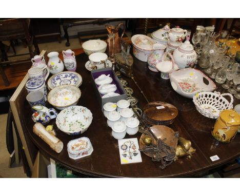 A quantity of metal ware and china to include brass flat iron, copper and brass chestnut roaster, balance scales, horse brass