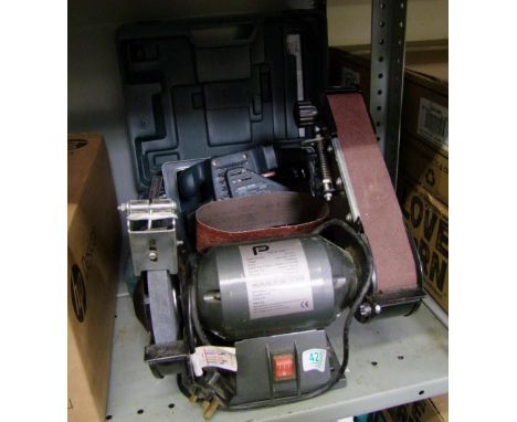 A bench mounted sander: together with a cased black and decker belt sander (2) 