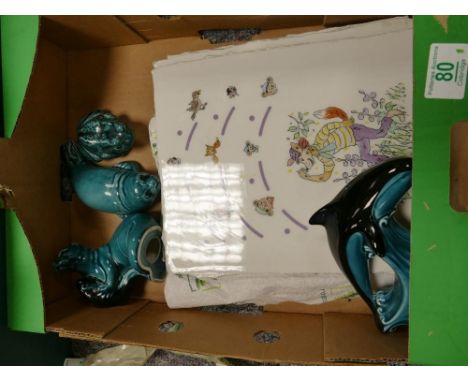A mixed collection of items to include Poole pottery animals: together tiles with pictures of children playing 