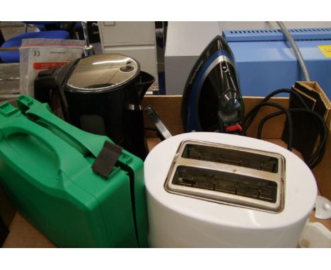A collection of electrical item to include: Morphy Richards comfigrip iron, toaster, kettle and a first aid kit 