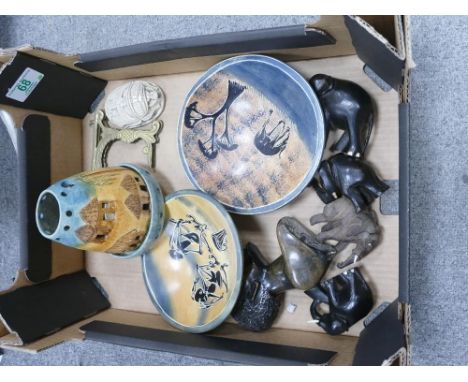 A collection of African themed items to include night light: bowls, elephants etc 