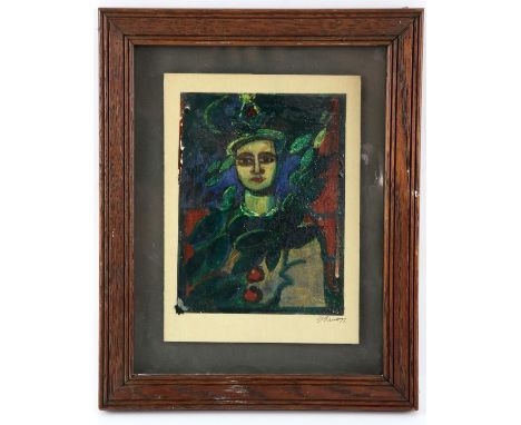 George Gault (1916-2001), half length portrait of Pierrot (1977). Gouache. Signed and dated to right-hand margin. Framed and 