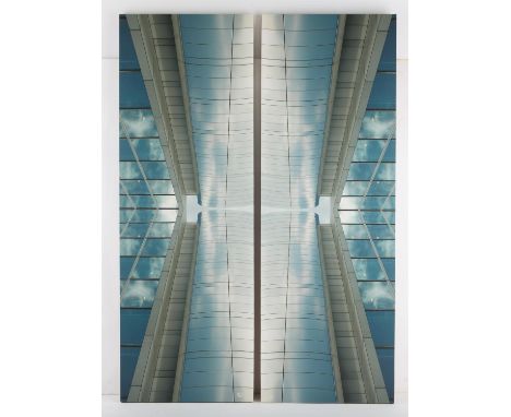 Kate Cledwyn (British, contemporary). 'Echoes'. A diptych depicting a modern glass building, limited edition print on canvas 