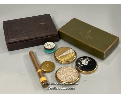 Assorted items including enamel compacts, Cartier enamel trinket box, leather bound box, Royal Worcester bone china set and G