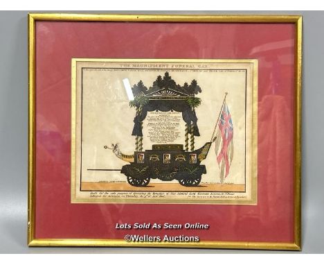 Hand coloured lithograph print "The Magnificent Funeral Car" published by Laurie &amp; Whittle, framed, 26 x 20cm / AN21