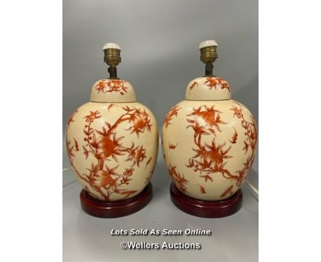 A pair of large Hong Kong Arts ginger jar lamps, decorated with orange foliage, both 36cm high including base and light fitti
