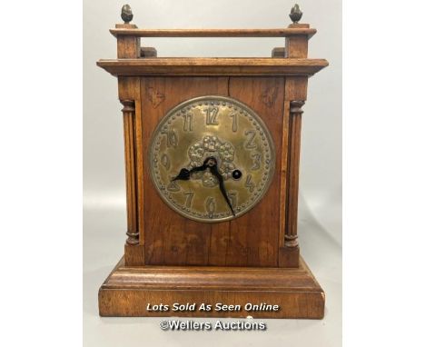 Arts and crafts mantle clock with Hamburg American Clock Co. (HAC) stamp on movement. Brass clock face 14.5cm diameter, case 
