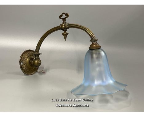 Ornate brass wall light with blue tulip style shade, 31cm long  / AN12