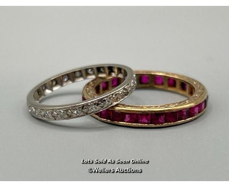 Diamond set full eternity ring in white metal testing as 18ct gold, estimated diamond weight 0.20ct. Width 2.3mm, ring size K