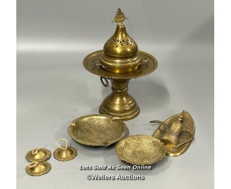 Brassware including incense burner, finger cymbals, ashtray and small dish / AN19