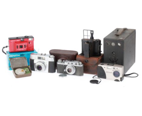A Selection of Mixed Cameras, to include an Ensign Mascot B-3 falling plate camera, a KMZ Zorki 1c, rangefinder works, shutte