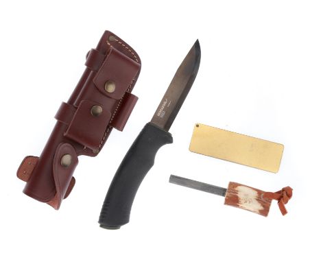 A Morakni Carbon Steel Hunting Knife, black grip, 108mm blade, in a strong leather sheath, with sharpening stone and horn-han