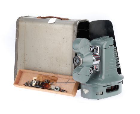 A Dufay Chromex Strip Film Projector, grey gloss enamel finish, British made, body G, with roll fim canister, advance mechani