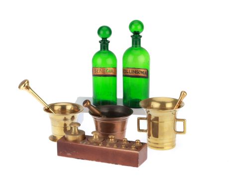 Collection of Apothecary Bottles & Brass Mortar & Pestles, including 2 green bottles with gilt labels and round stoppers, emb