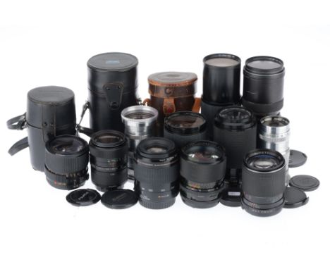 A Selection of Camera Lenses, to include a Topcor 87-205mm,Tamron Adaptall 80-210mm, a Canon EF 80-200mm, a Minolta 35-70, tw