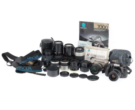 A Selection of Minolta Lenses and Cameras, to include a f/4 70-210mm macro, f/4 70-210mm AF, a 75-300mm AF macro, a 28-80mm A
