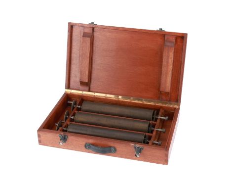 A Case of Musical Box Rollers, a good, fitted wooden case containing three rollers, well protected, actual roller length appr
