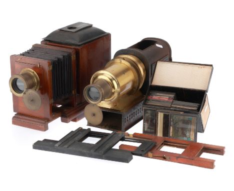 Collection of Magic Lanterns &amp; Parts, including a wooden &amp; Brass magic lantern with brass bound lens, a tinplate magi