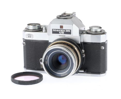 A Zeiss Ikon Icarex 35CS 35mm Camera, silver, body G, shutter works but speeds are inaccurate, with a Carl Zeiss Tessar f/2.8