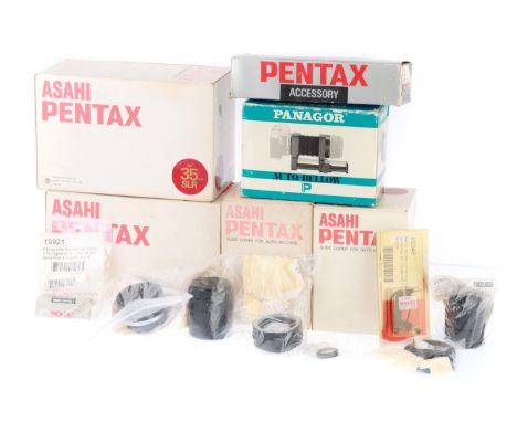 A Selection of Asahi Pentax Bellows and Copiers, to include 2off auto bellows sets, 2off slide copier for auto bellows, telec
