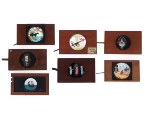 Magic Lantern Slides 7 Wood-framed moving slides (2 with broken glass) Mixed