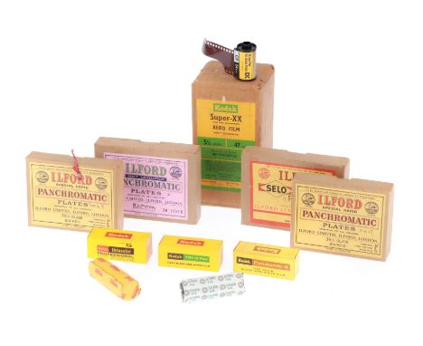 A Selection of Expired Film and Plates, to include an unopened 47ft box of Kodak Super-XX Aero film, some rolls of 120 film a