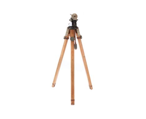 A Robust Wooden Cine Tripod, of oak and steel construction, pan and tilt mechanism, marked "FE" on the extension locks, legs 