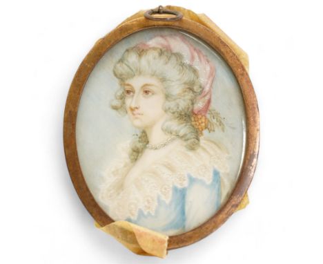 Circle of Richard Cosway (British 1742-1821): Portrait of a Georgian Beauty Wearing a White Wig and Blue Gown with Lace Colla