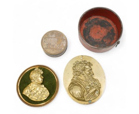 19th century French brass and bois durci circular snuff box decorated with the guards at Versailles laying down their arms D7