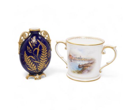 Early 20th century Royal Worcester loving cup, circa 1906, painted with a view of the River Severn and flowers to the reverse